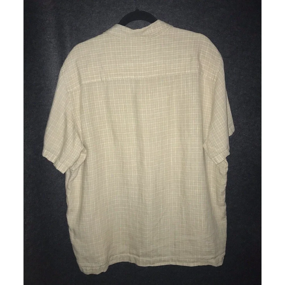 Banana Republic Shirt Tan White Plaid‎ 100% Linen Short Sleeve Button Up Men's